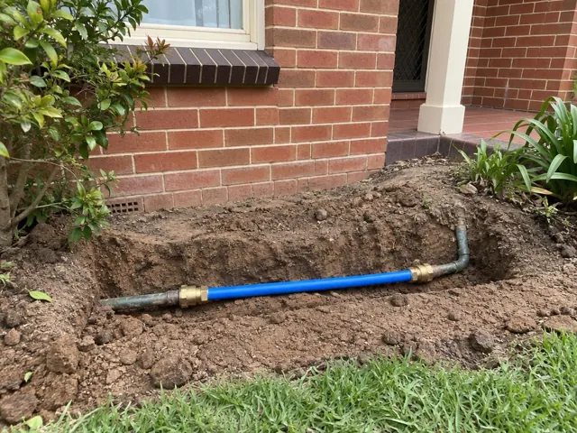 Exposed repaired water pipe in an open trench beside a brick house in Telarah